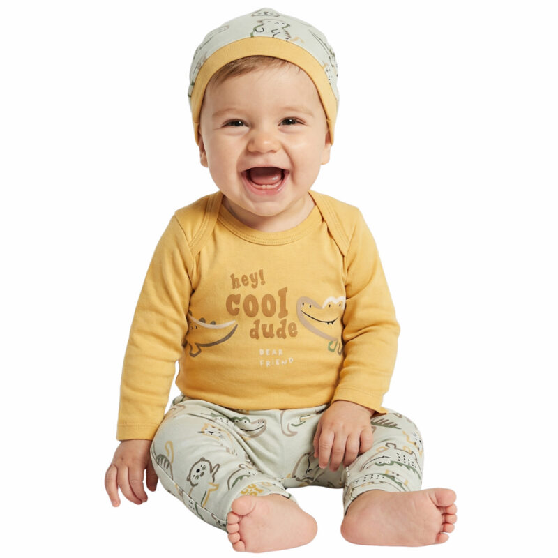 Miniworld βρεφικό σετ «Hey Cool Dude» για αγόρι σε μουσταρδί και μπεζ απόχρωση