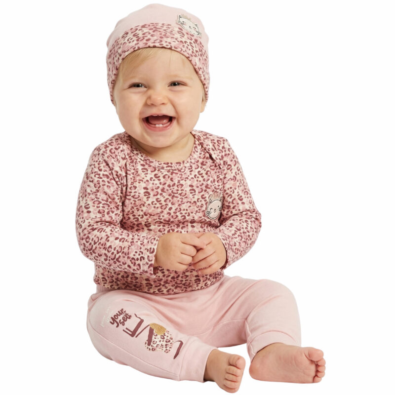 Miniworld βρεφικό σετ «Kitten Queen» για κορίτσι με ροζ λεοπάρ κορμάκι, παντελόνι και σκουφάκι