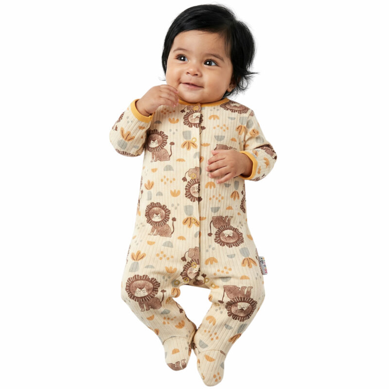 Midirik βρεφικό ολόσωμο φορμάκι αγόρι σε μπεζ με all-over μοτίβο λιονταριών, σειρά Great Lions