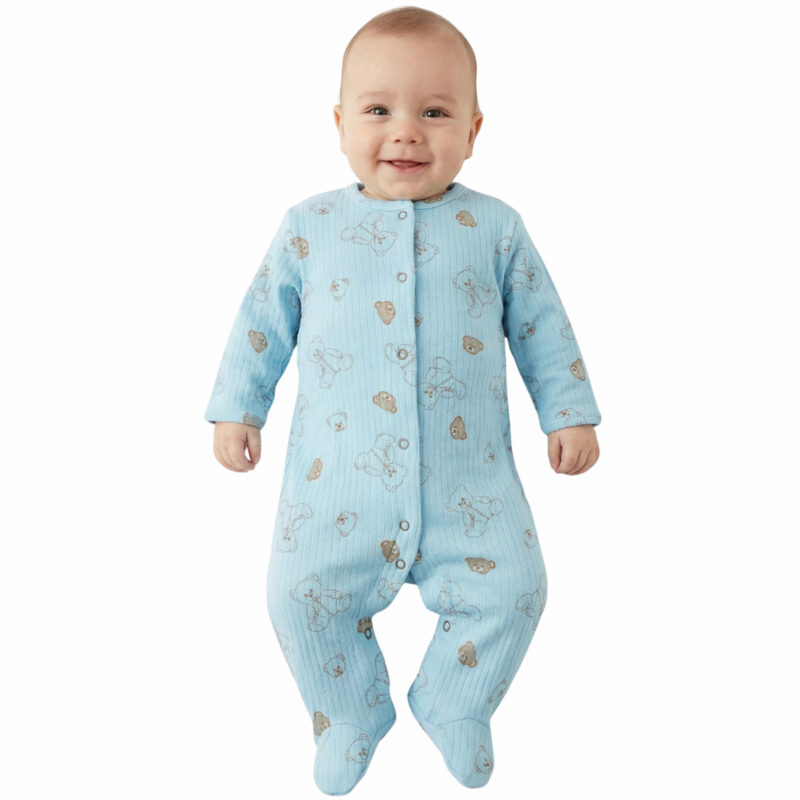 Midirik φορμάκι βρεφικό αγόρι γαλάζιο με λεπτό ύφασμα και μοτίβο αρκουδάκια, σειρά Blue Teddies