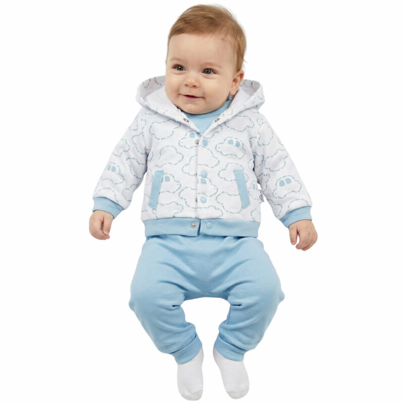 Βρεφικό σετ Mini Pacel αυτοκινητάκια με εκρού ζακέτα και γαλάζιο παντελόνι για αγόρια