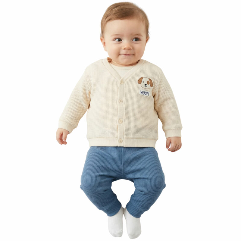 Βρεφικό σετ Deco Little Dog με εκρού ζακέτα και σιελ παντελόνι για αγόρια