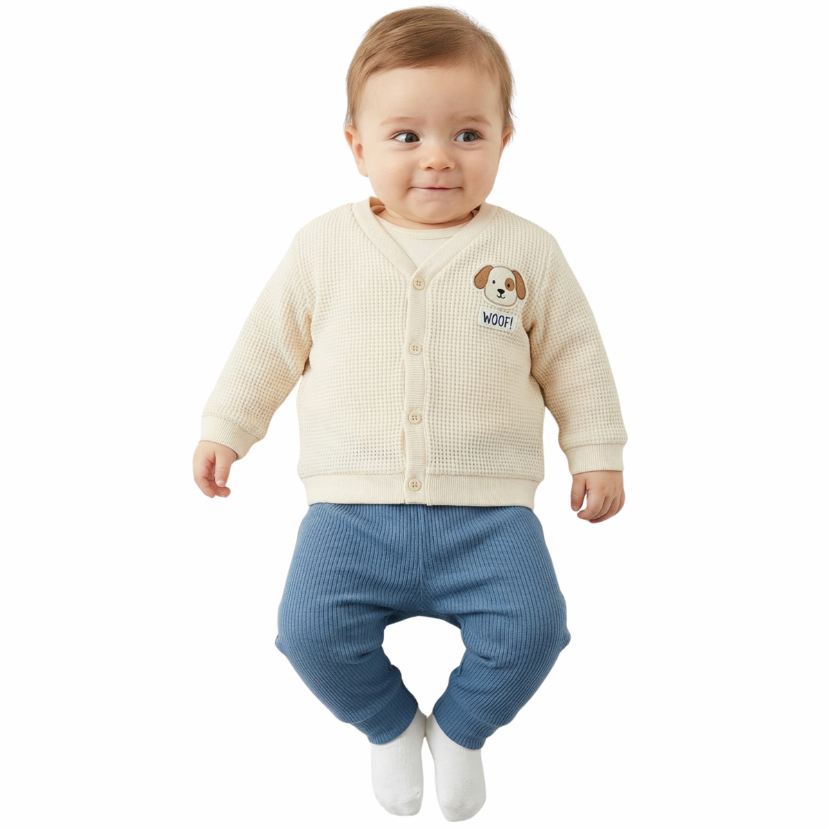 Βρεφικό σετ Deco Little Dog με εκρού ζακέτα και σιελ παντελόνι για αγόρια