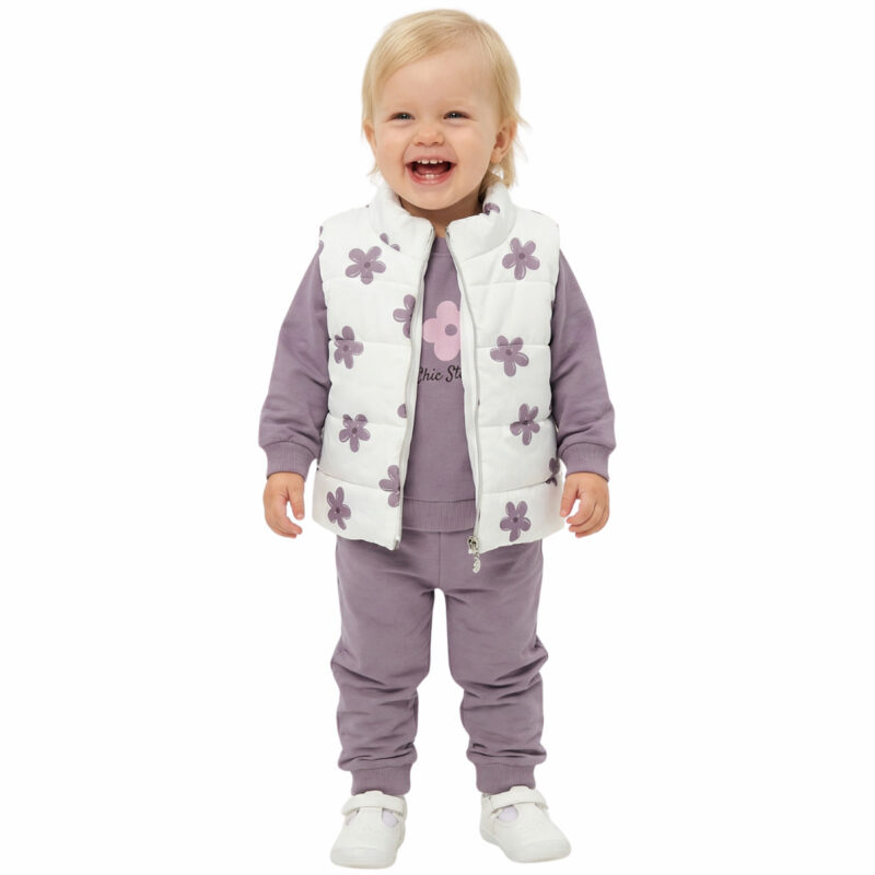 Βρεφικό σετ τριών τεμαχίων Naz Mix με αμάνικο floral μπουφάν, μοβ μπλούζα και παντελόνι για κορίτσι