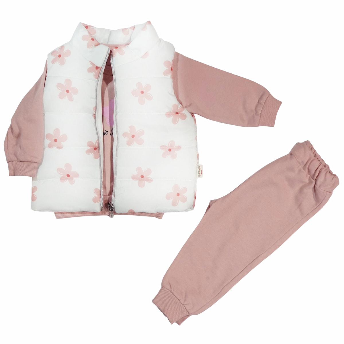 Ολοκληρωμένο σετ Naz Mix για κορίτσια με λευκό πανωφόρι και σομόν ρούχα σε άνετη γραμμή