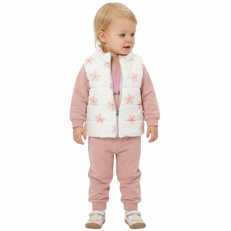Σομόν βρεφικό σετ Naz Mix τριών τεμαχίων με λευκό αμάνικο μπουφάν, μπλούζα και παντελόνι για κορίτσι