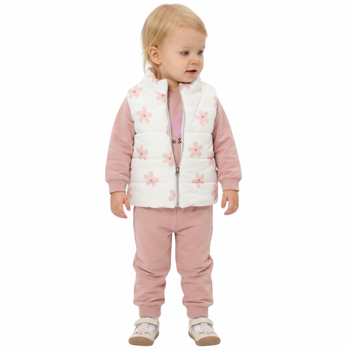Σομόν βρεφικό σετ Naz Mix τριών τεμαχίων με λευκό αμάνικο μπουφάν, μπλούζα και παντελόνι για κορίτσι