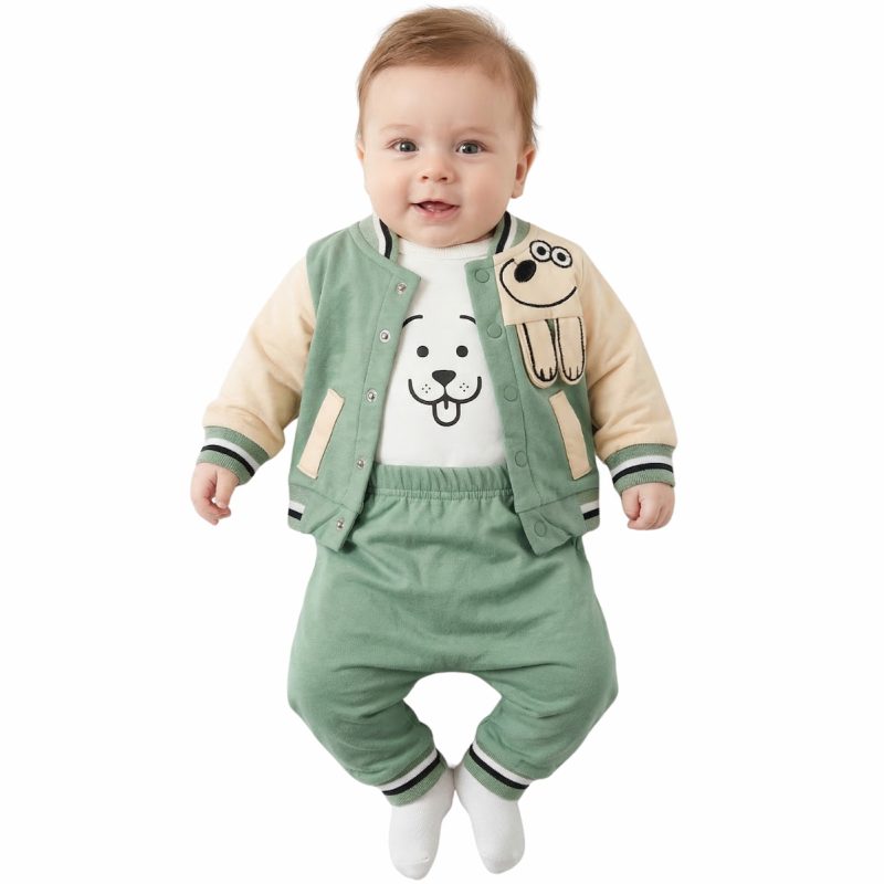 Βρεφικό σετ Mini Pacel πράσινο άνοιξη, ζακέτα με απλικέ, εκρού κορμάκι και παντελόνι