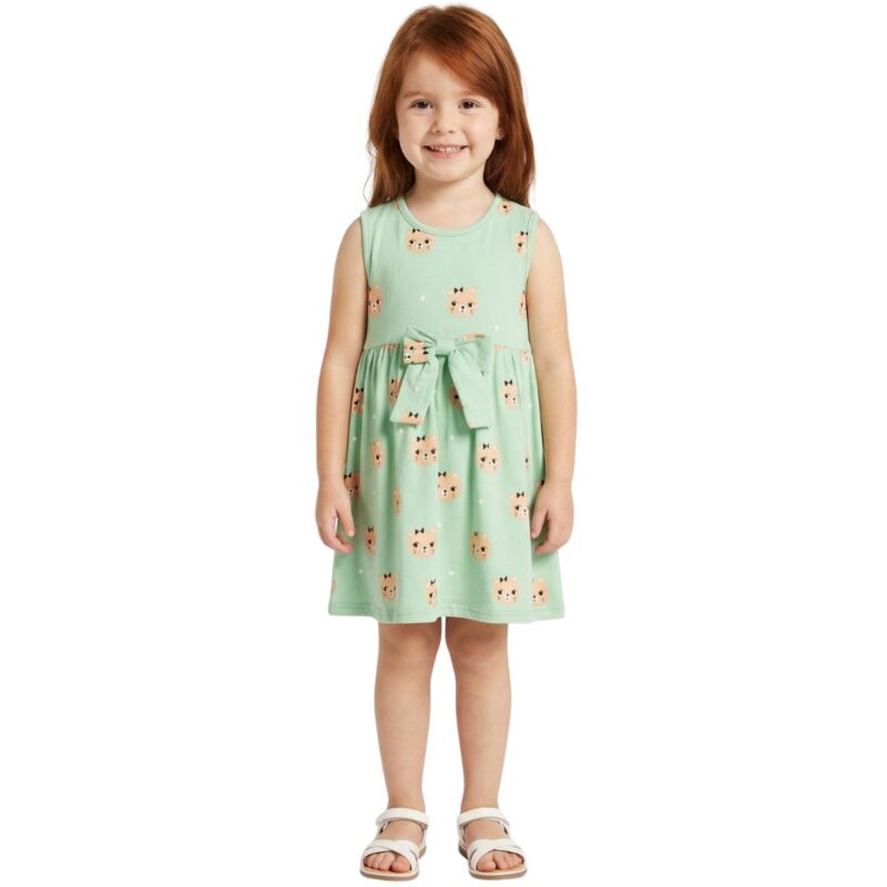 Πράσινο φορεματάκι Funky γατάκια για κορίτσι με αμάνικη γραμμή