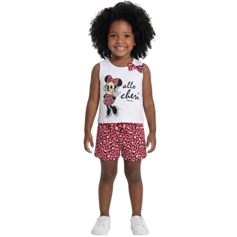 Σετ Funky για κορίτσι Minnie με λευκή αμάνικη μπλούζα και φούξια σορτσάκι
