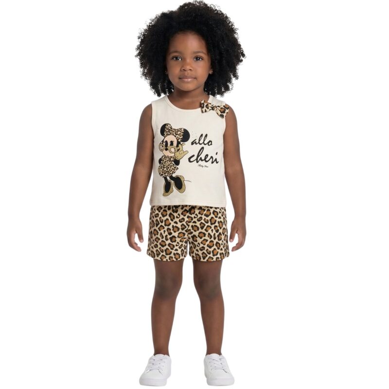 Σετ Funky για κορίτσι Minnie λεοπάρ με λευκή μπλούζα και μπεζ σορτσάκι