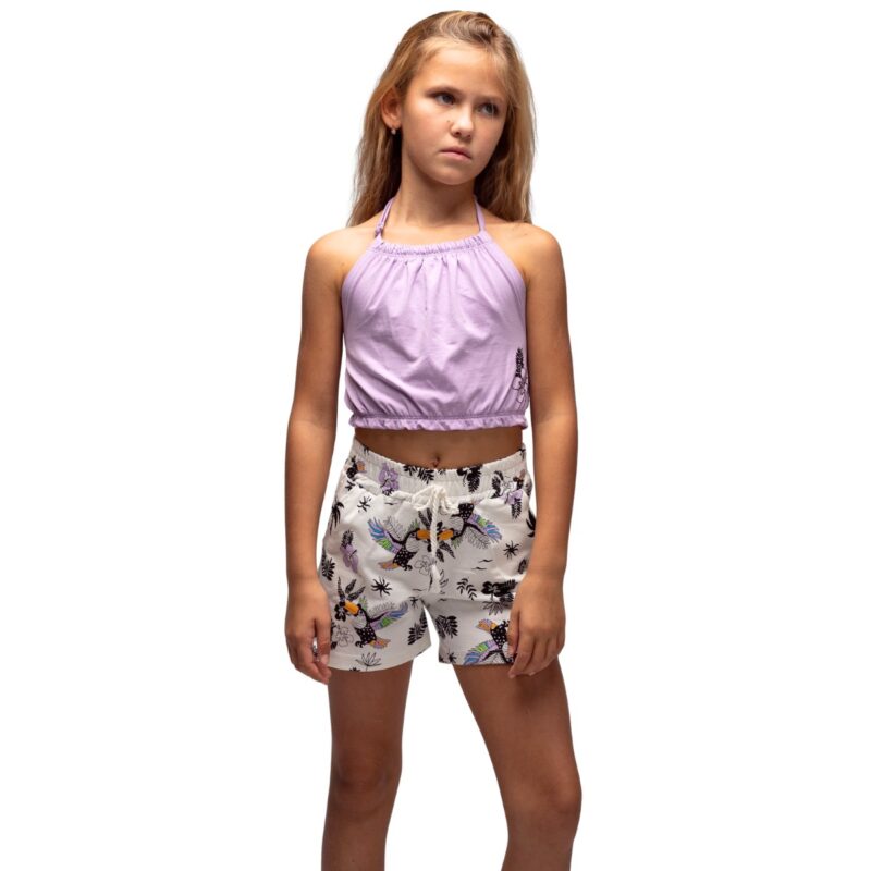 Σετ Εβίτα για κορίτσι τροπικό με μοβ μπουστάκι και λευκό σορτσάκι