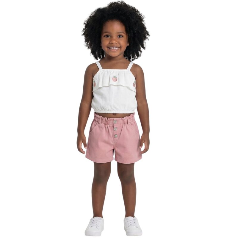 Σετ Εβίτα εκρού ροζ για κορίτσι με τοπάκι με βολάν και σορτσάκι