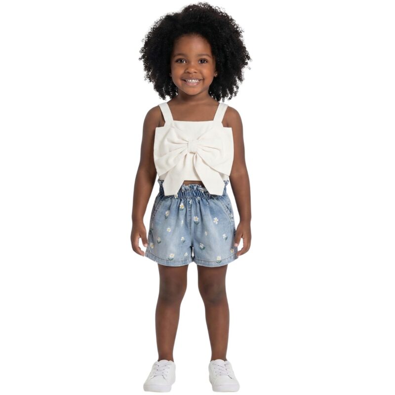 Σετ Εβίτα εκρού τζιν για κορίτσι με τοπάκι με μεγάλο φιόγκο και τζιν σορτσάκι