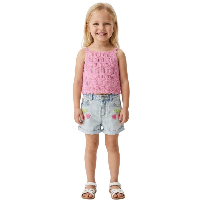 Σετ Εβίτα ροζ τζιν για κορίτσι με πλεκτό τοπάκι και σορτσάκι