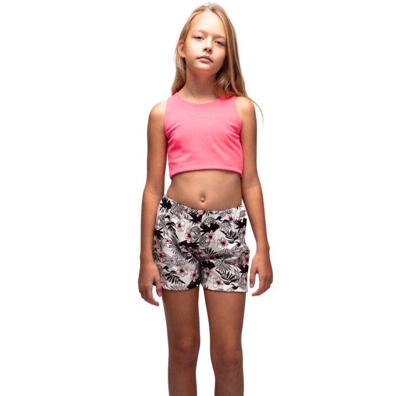 Εβίτα σετ μπουστάκι φλοράλ για κορίτσι – φούξια μπουστάκι με πολύχρωμο σορτσάκι και χαρούμενο τύπωμα