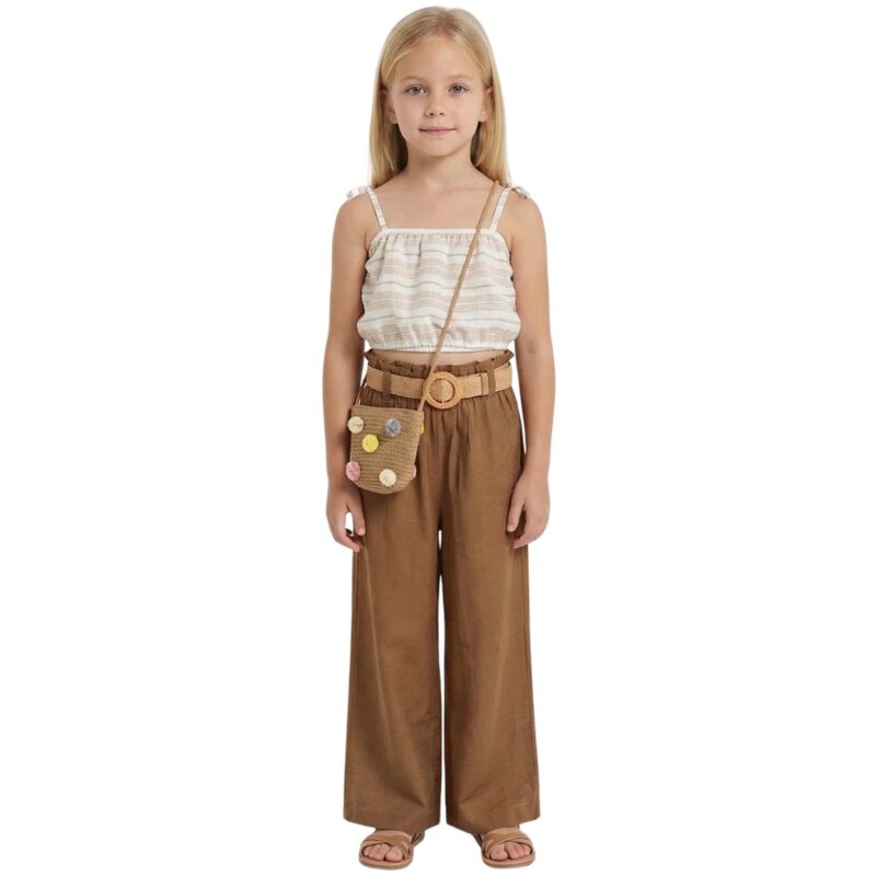 Εβίτα σετ τεσσάρων τεμαχίων boho για κορίτσι – τοπάκι με ραντούλες, καφέ παντελόνα, ψάθινη ζώνη και τσαντάκι
