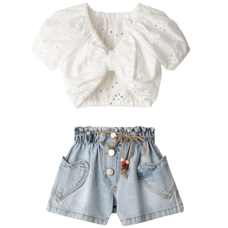 Εβίτα λευκό σετ μπουστάκι για κορίτσι με μπλε τζιν σορτσάκι και φιόγκο