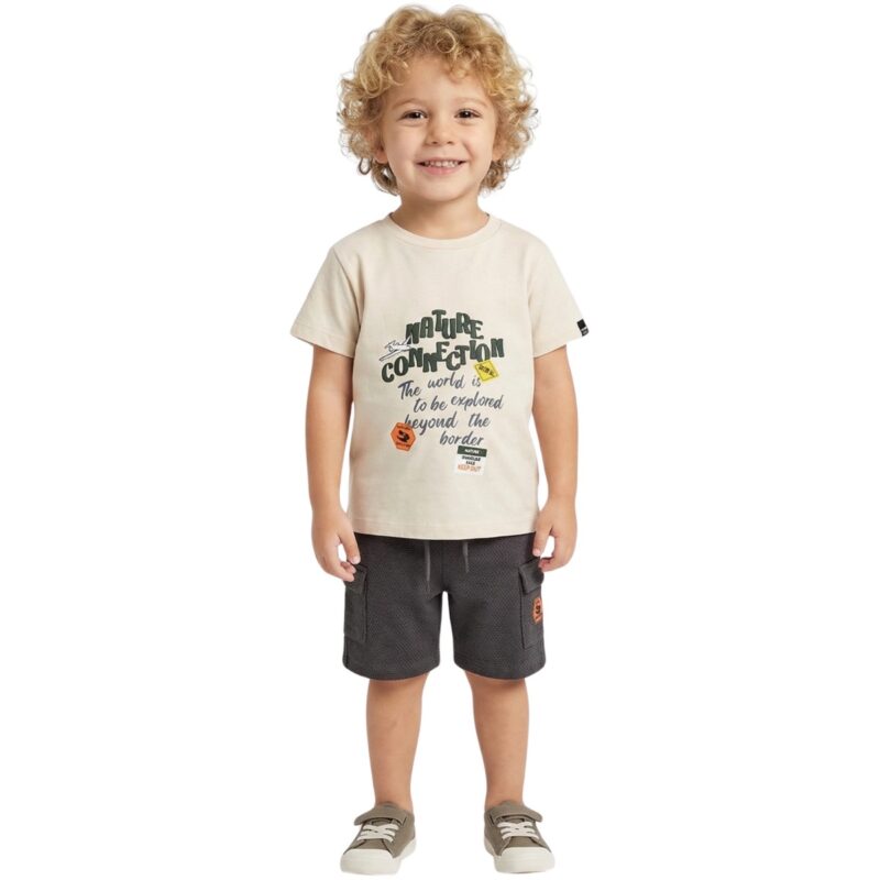 Hashtag σετ μπλούζα σορτσάκι για αγόρι με μπεζ κοντομάνικη μπλούζα και γκρι σορτσάκι