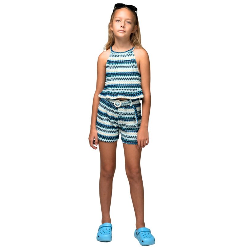 Εβίτα πολύχρωμο crochet σετ τοπάκι για κορίτσι με σορτσάκι και υφασμάτινη ζώνη