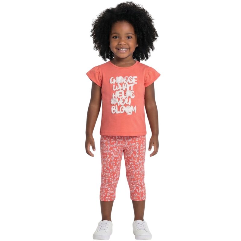 Nek κοραλλί σετ μπλούζα κάπρι για κορίτσι με λουλουδάτο κολάν