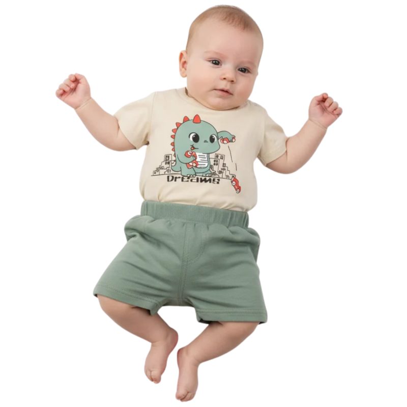 Dreams βρεφικό σετ μπλούζα με σορτσάκι «Dinos Beige Summer»